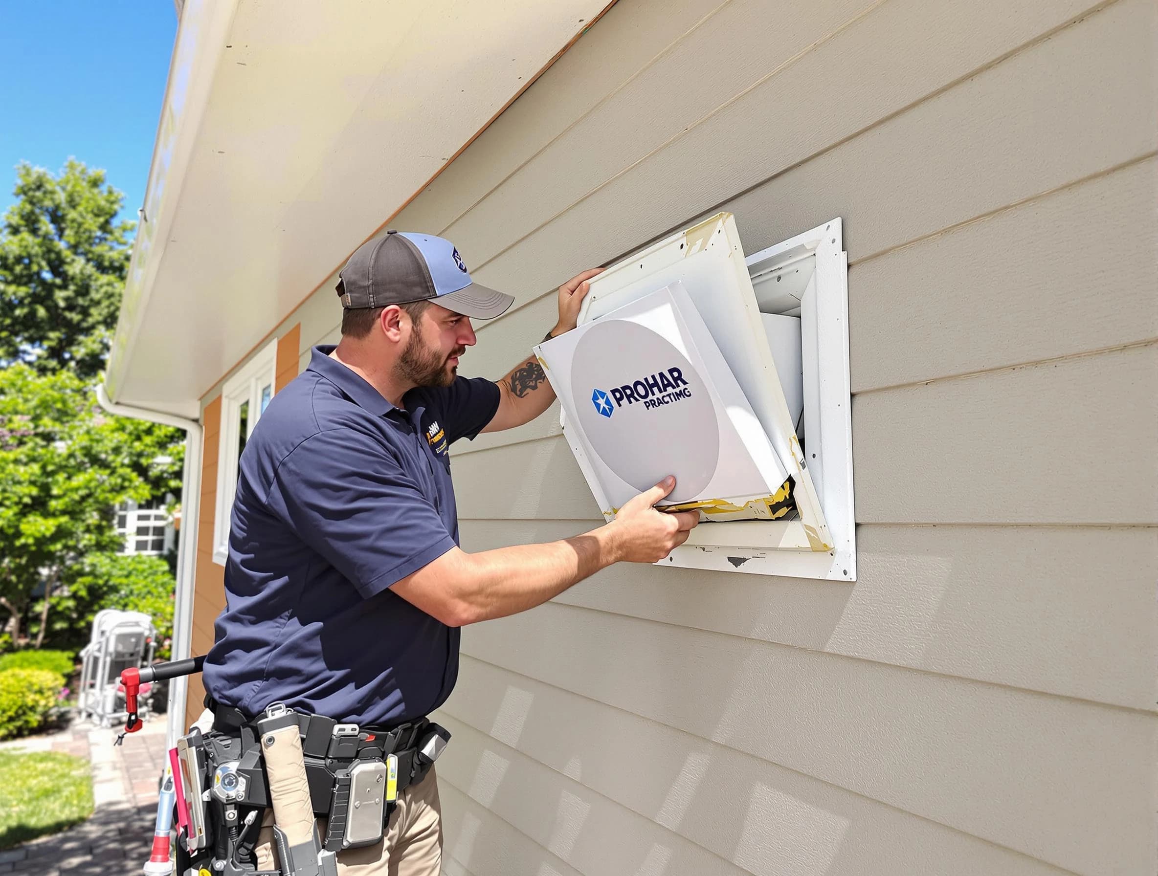Aurora Dryer Vent Cleaning technician installing a new protective dryer vent cover on a home in Aurora
