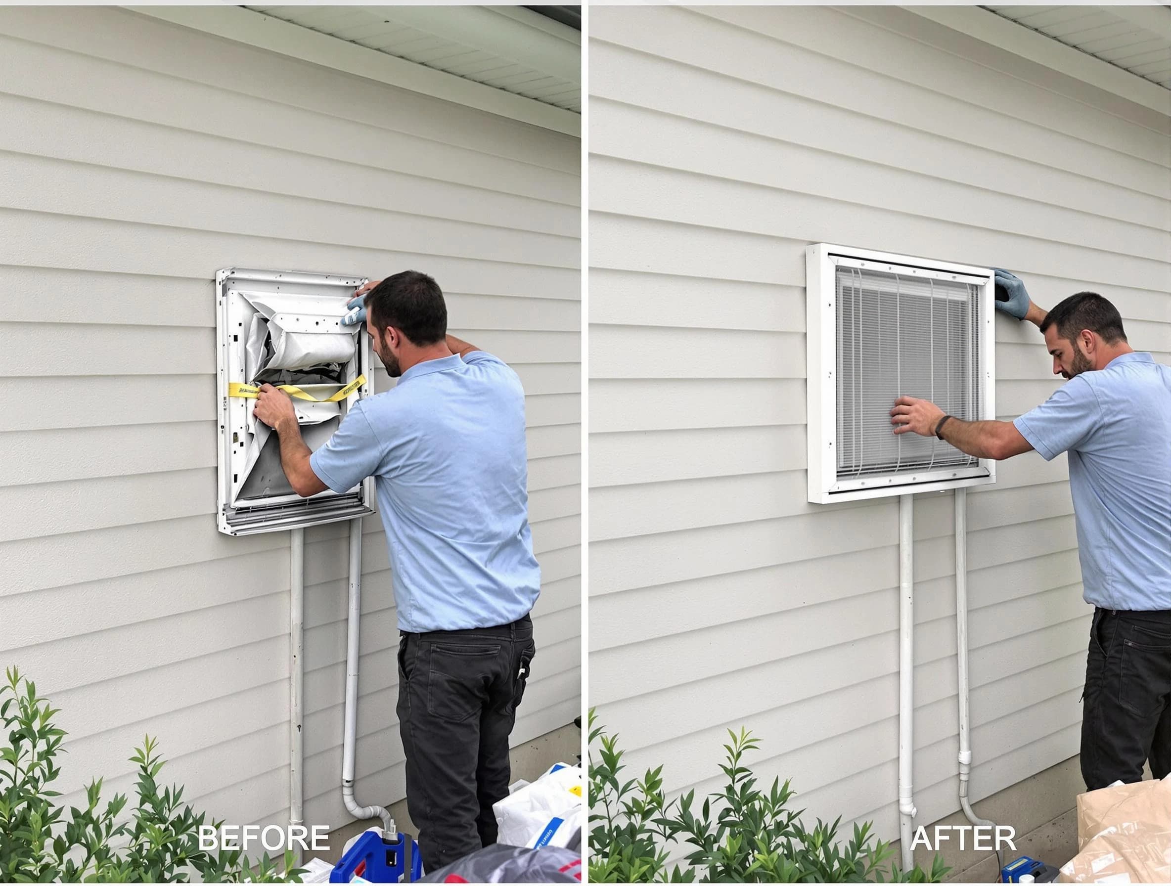 Aurora Dryer Vent Cleaning technician installing high-quality dryer vent cover at a residential property in Aurora