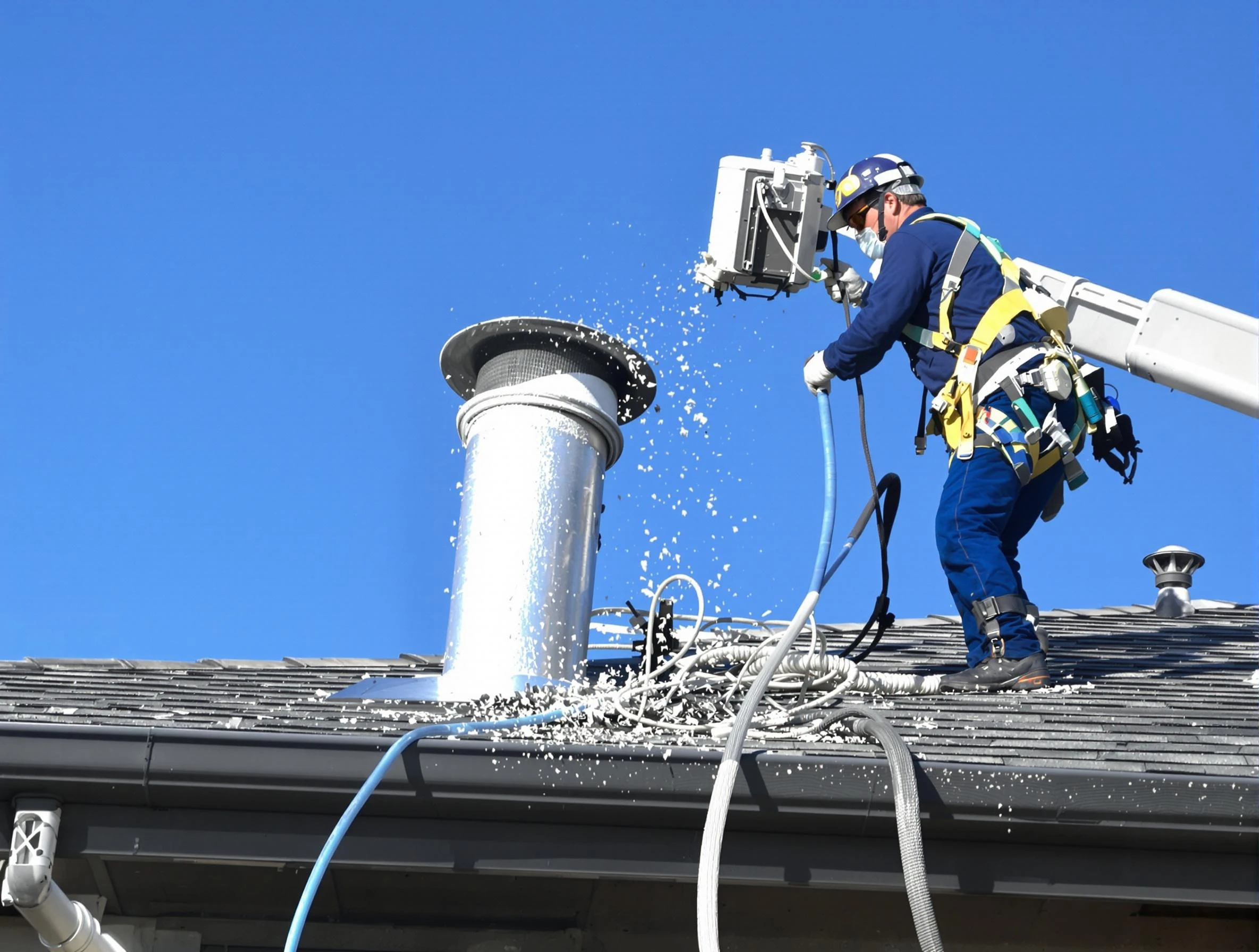 Aurora Dryer Vent Cleaning certified technician safely cleaning a roof-mounted dryer vent in Aurora